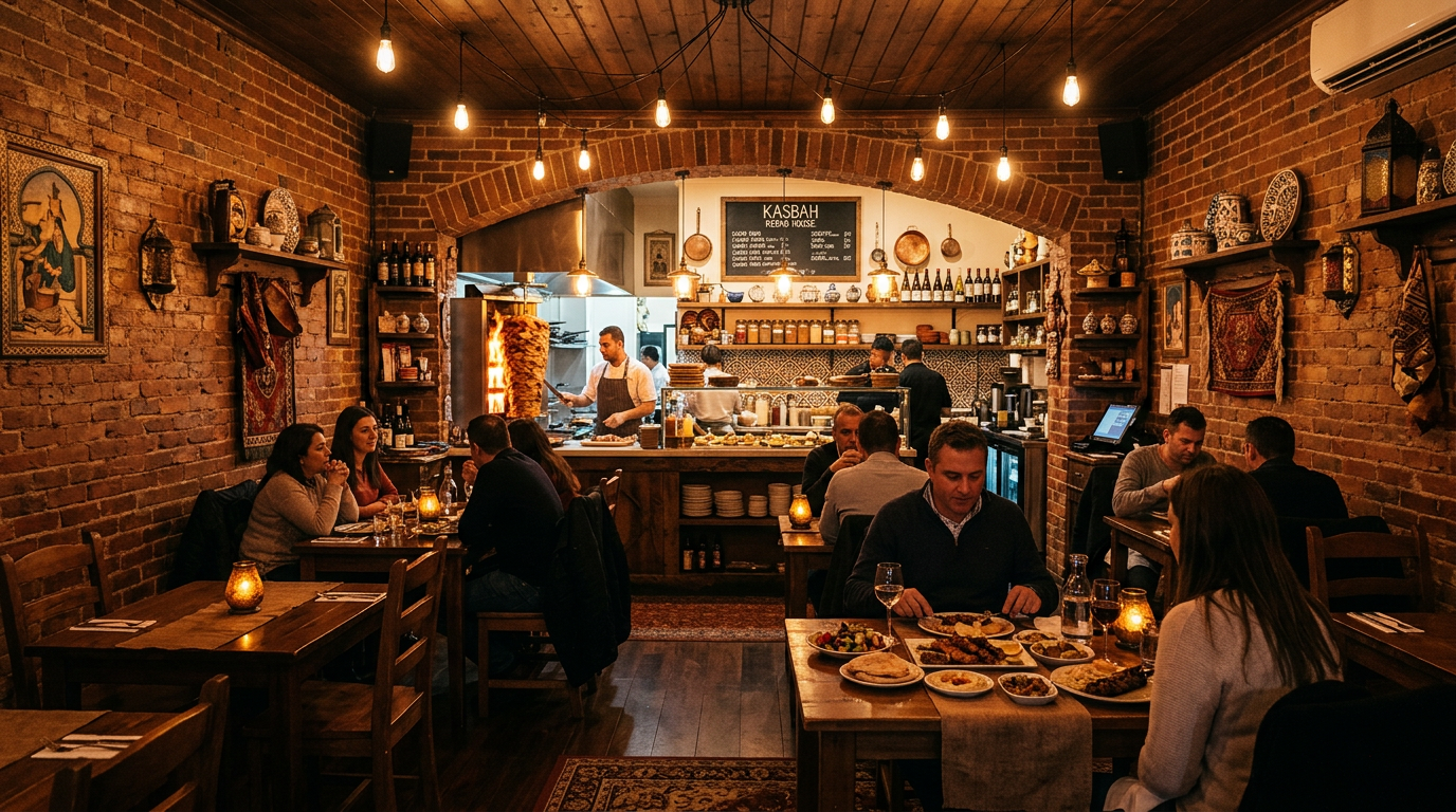 Interno del ristorante con mattoni e luci calde