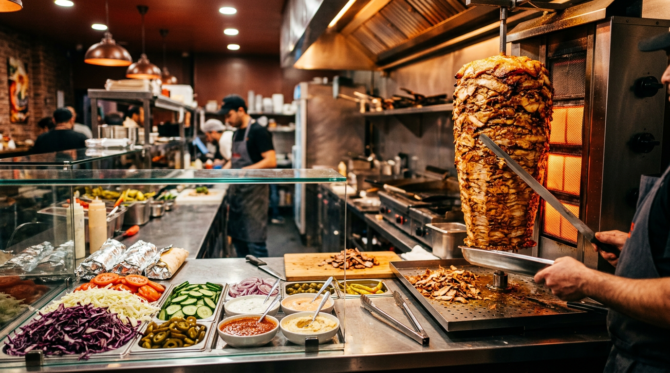 Bancone kebab con spiedo e condimenti