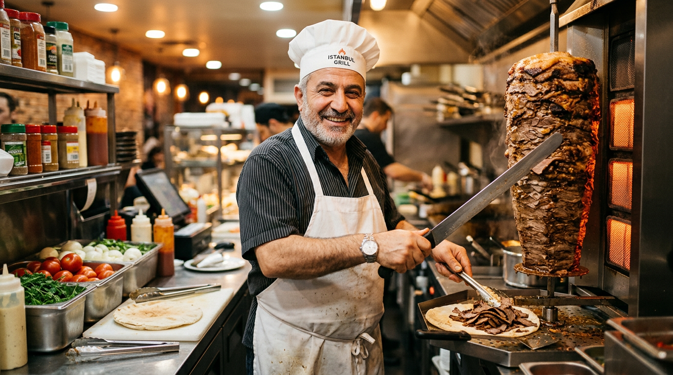Chef al lavoro con lo spiedo