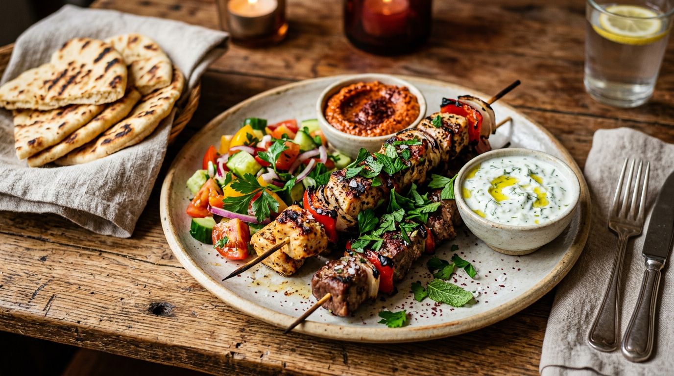 Piatto kebab con verdure e pane